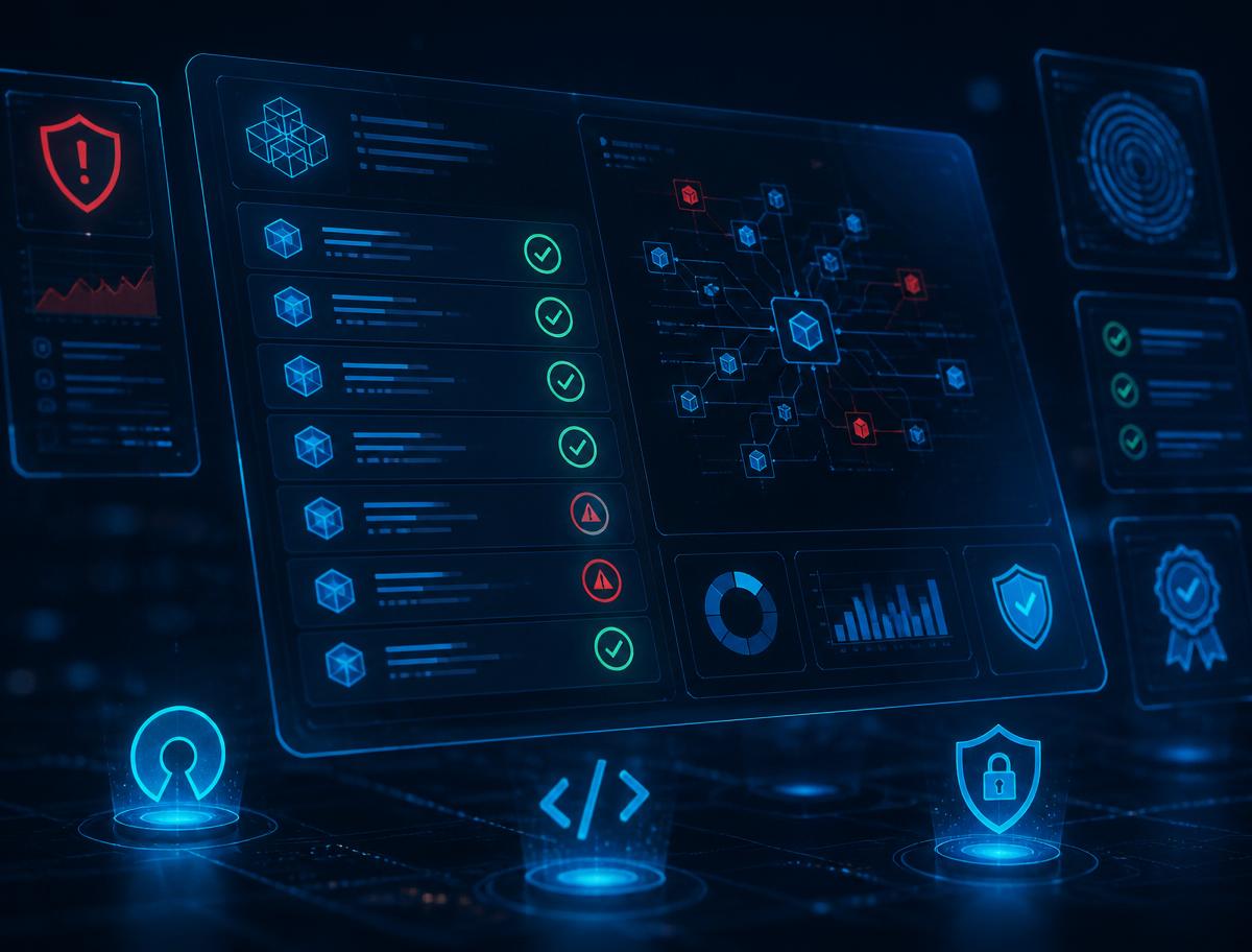 Holographic SBOM interface showing verified open-source components and risk indicators