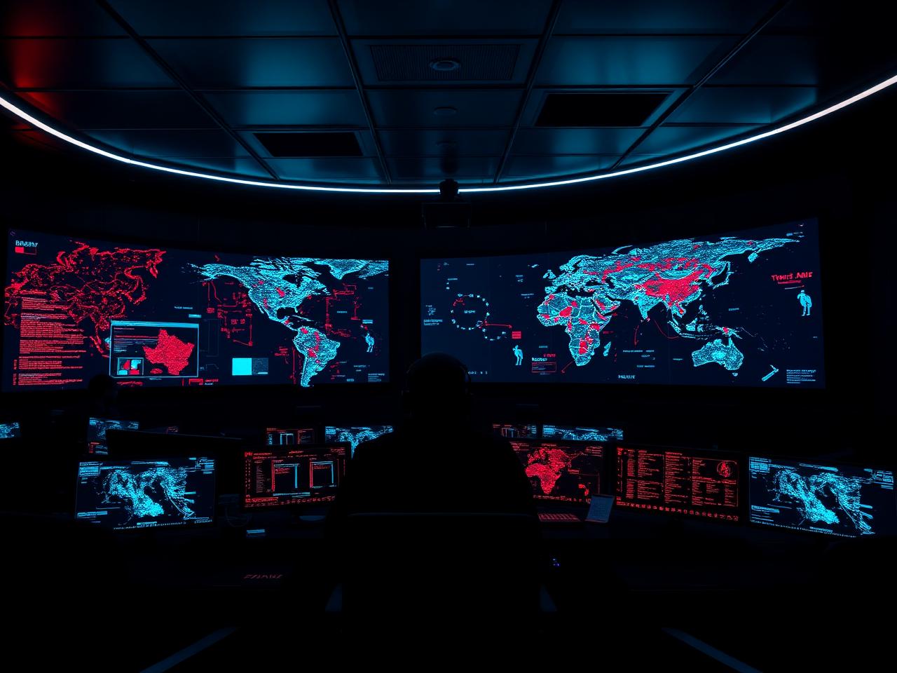 Cyber warfare operations center with live global threat maps