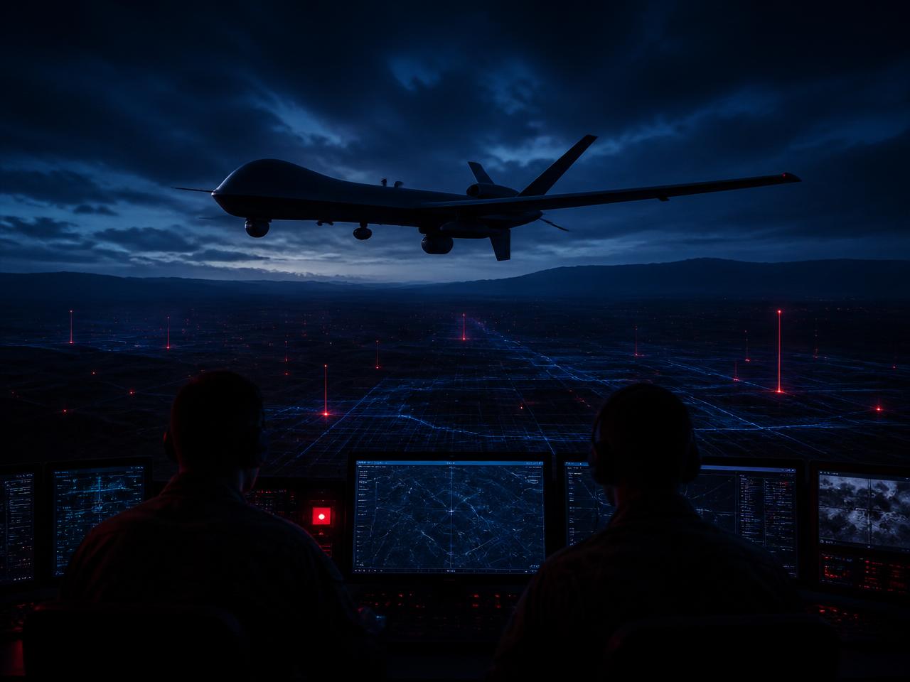 Unmanned aerial system over a tactical operations grid at night